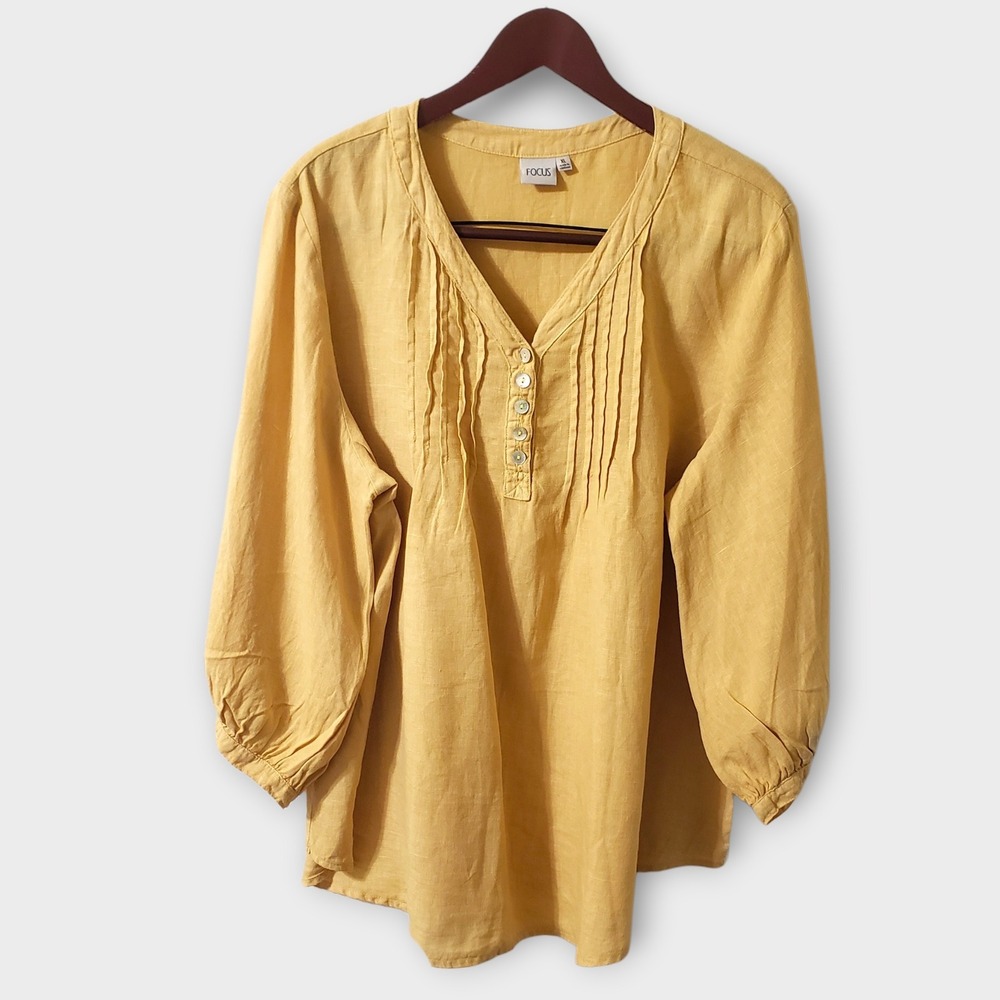 Focus Womens Linen Pintuck Balloon Sleeve Henley Tunic Blouse Gold Yellow XL